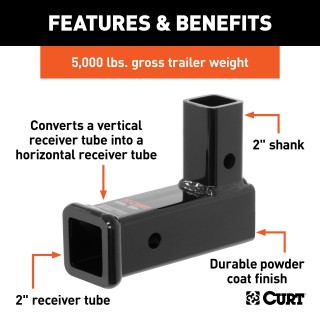 CURT Vertical Trailer Hitch Adapter for Standard Ball Mount CURT vertical trailer hitch adapter with 2x2 shank, black matte finish, lifting 5,000 lbs.