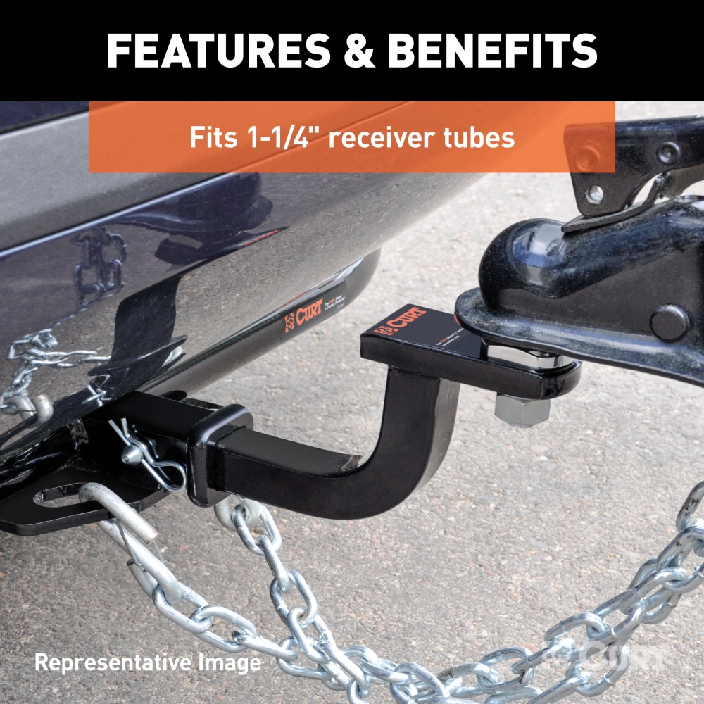 CURT Class 1 Ball Mount for Lightweight Towing Applications CURT class 1 ball mount with high-gloss black finish and 1-1/4" receiver.