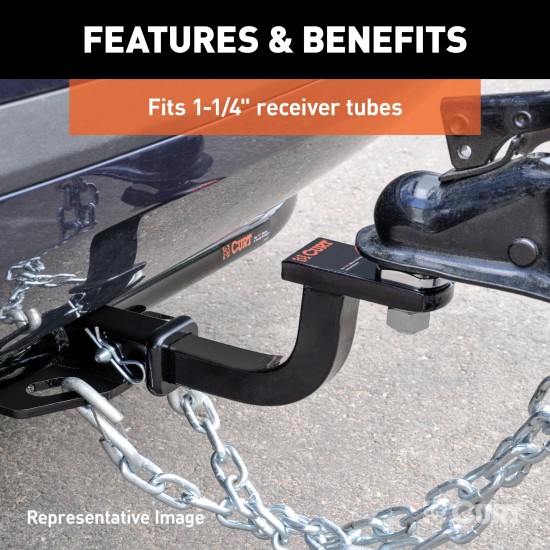 CURT Class 1 Ball Mount for Lightweight Towing Applications CURT class 1 ball mount with high-gloss black finish and 1-1/4" receiver.