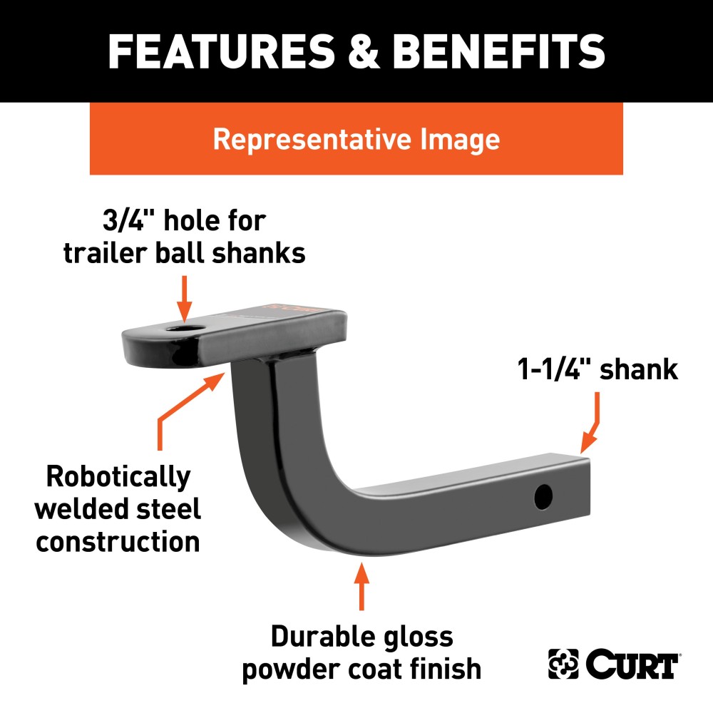 CURT Class 1 Ball Mount for Lightweight Towing Applications CURT class 1 ball mount with a high-gloss black finish for 1-1/4 inch hitches.