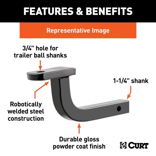 CURT Class 1 Ball Mount for Lightweight Towing Applications CURT class 1 ball mount with a high-gloss black finish for 1-1/4 inch hitches.