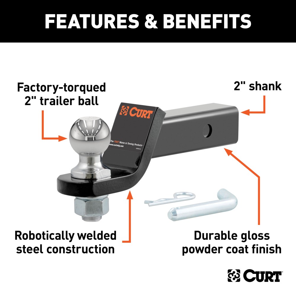 CURT Loaded Ball Mount with Pre-fitted 2 Inch Trailer Ball CURT loaded ball mount with factory-torqued 2 inch trailer ball.