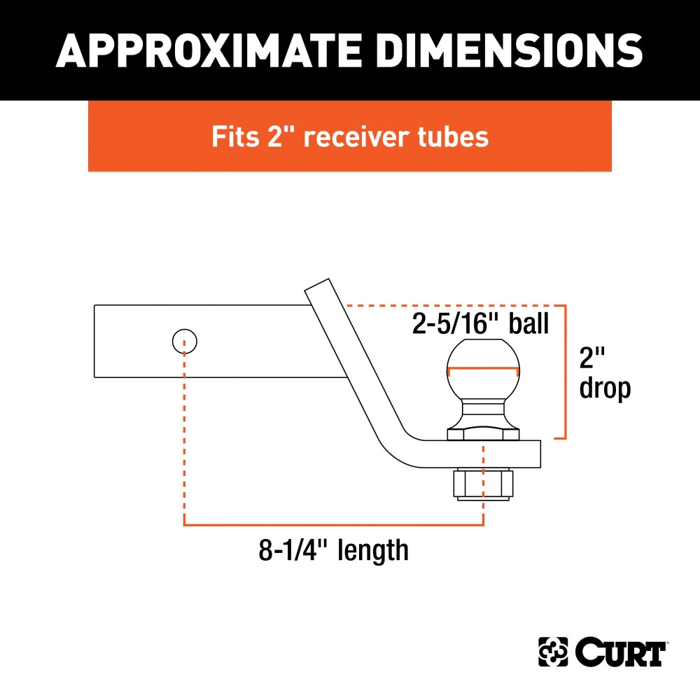 CURT Loaded Ball Mount with 2-5/16 Inch Trailer Ball and Clip CURT loaded ball mount with pre-fitted 2-5/16 inch trailer ball, pin, and clip.