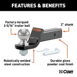 CURT Loaded Ball Mount with 2-5/16 Inch Trailer Ball and Clip CURT loaded ball mount with pre-fitted 2-5/16 inch trailer ball, pin, and clip.