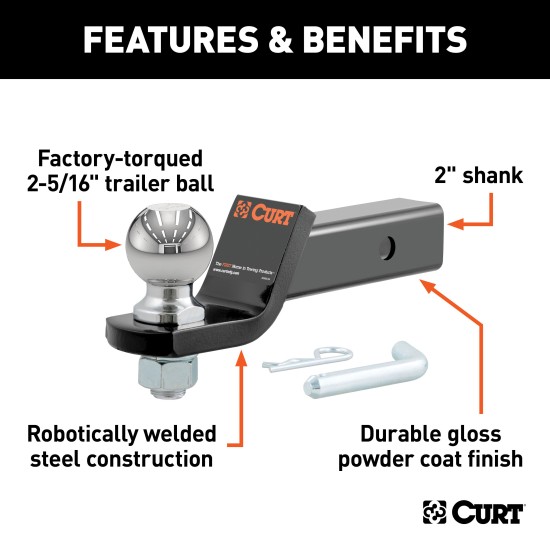 CURT Loaded Ball Mount with 2-5/16 Inch Trailer Ball and Clip CURT loaded ball mount with pre-fitted 2-5/16 inch trailer ball, pin, and clip.