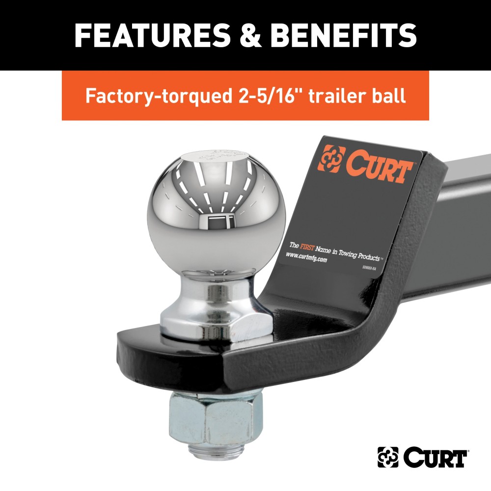 CURT Loaded Ball Mount with 2-5/16 Inch Trailer Ball and Clip CURT loaded ball mount with pre-fitted 2-5/16 inch trailer ball, pin, and clip.