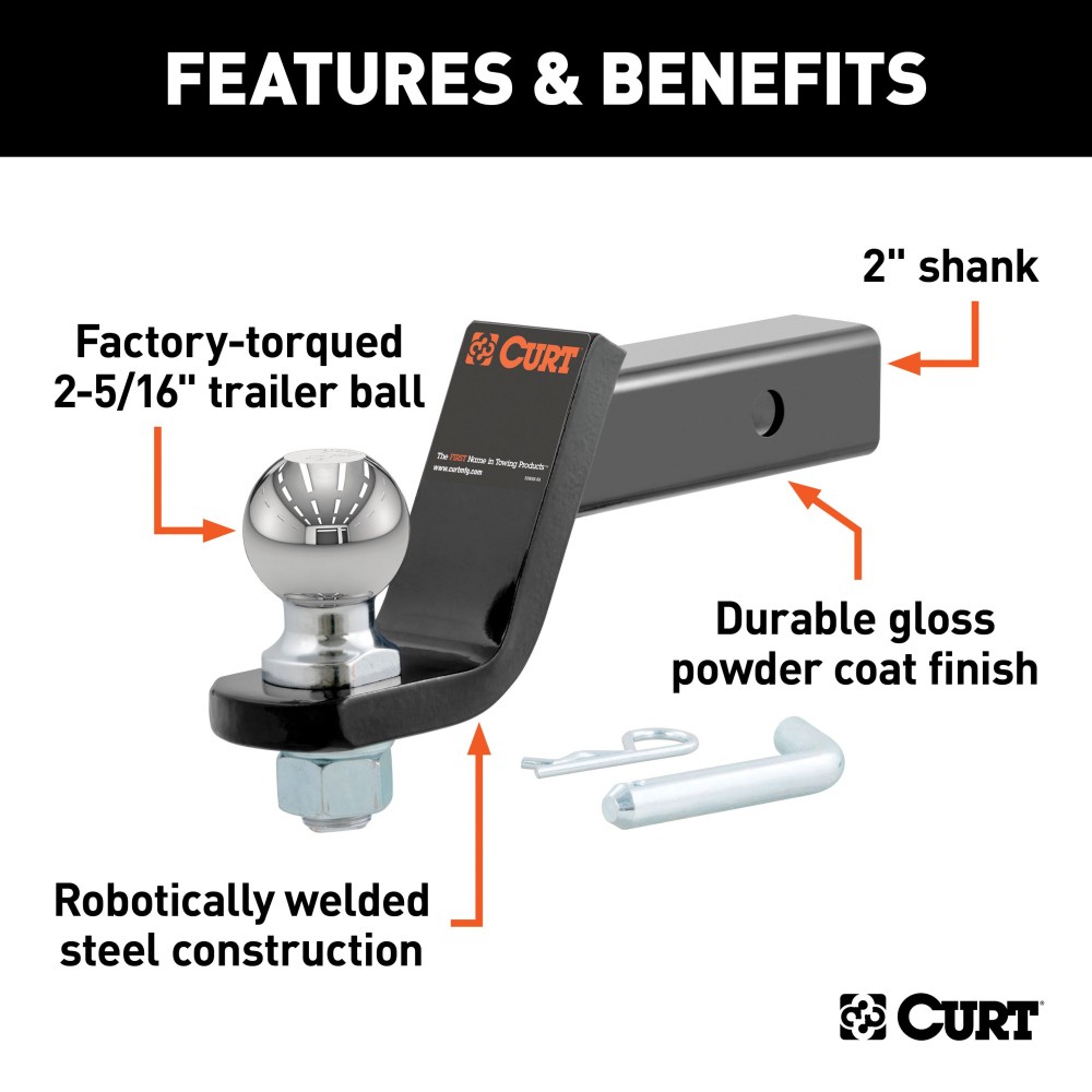CURT Loaded Ball Mount with 2-5/16" Factory-Torqued Trailer Ball CURT loaded ball mount for towing, featuring gloss black finish and factory-torqued 2-5/16" trailer ball