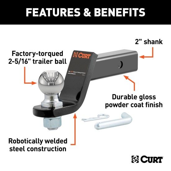 CURT Loaded Ball Mount with 2-5/16" Factory-Torqued Trailer Ball CURT loaded ball mount for towing, featuring gloss black finish and factory-torqued 2-5/16" trailer ball