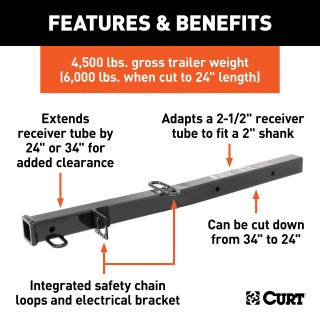 CURT 2-1/2 to 2 inch hitch adapter with safety features CURT hitch adapter converting 2-1/2 to 2 inches, with safety chain loops and electrical bracket