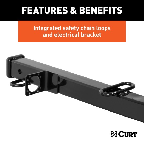 CURT 2-1/2 to 2 inch hitch adapter with safety features CURT hitch adapter converting 2-1/2 to 2 inches, with safety chain loops and electrical bracket