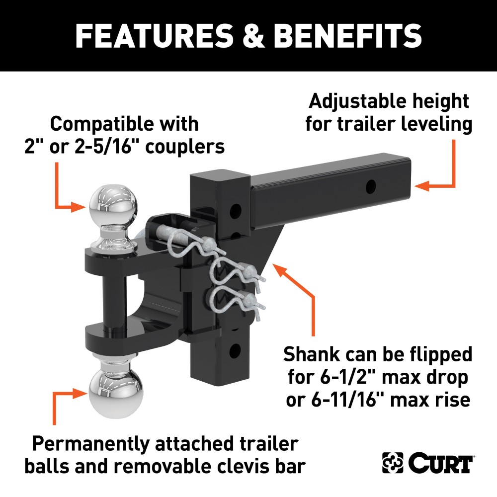 CURT Adjustable Ball Mount with Dual Ball for Trailer Towing CURT adjustable ball mount featuring dual ball sizes and adjustable shank for versatile trailer towing.