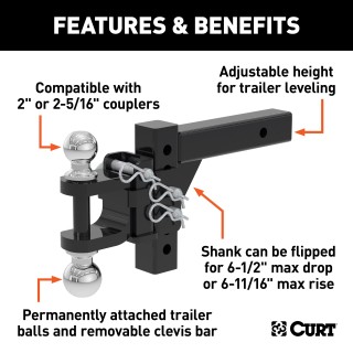 CURT Adjustable Ball Mount with Dual Ball for Trailer Towing CURT adjustable ball mount featuring dual ball sizes and adjustable shank for versatile trailer towing.