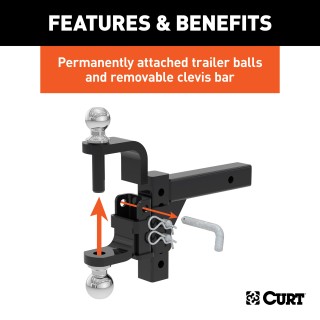 CURT Adjustable Ball Mount with Dual Ball for Trailer Towing CURT adjustable ball mount featuring dual ball sizes and adjustable shank for versatile trailer towing.