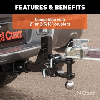 CURT Adjustable Ball Mount with Dual Ball for Trailer Towing CURT adjustable ball mount featuring dual ball sizes and adjustable shank for versatile trailer towing.