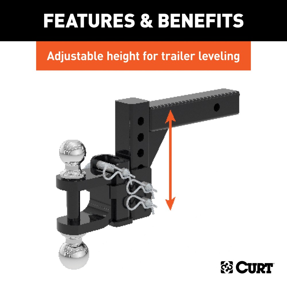 CURT Adjustable Ball Mount with Dual Ball for Trailer Towing CURT adjustable ball mount featuring dual ball sizes and adjustable shank for versatile trailer towing.