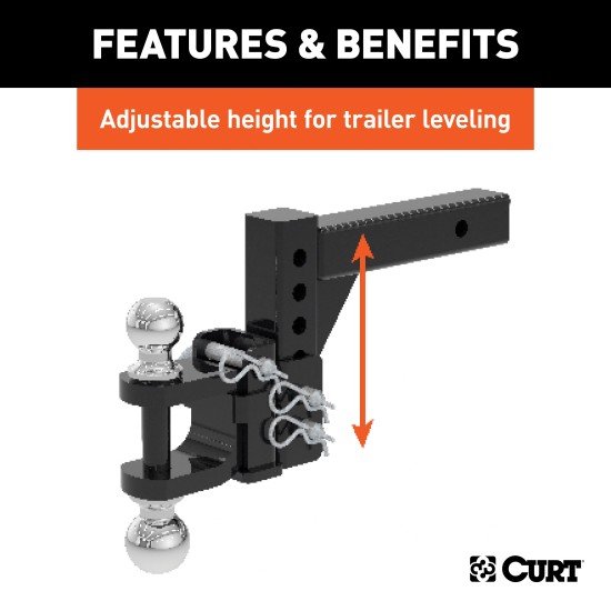 CURT Adjustable Ball Mount with Dual Ball for Trailer Towing CURT adjustable ball mount featuring dual ball sizes and adjustable shank for versatile trailer towing.