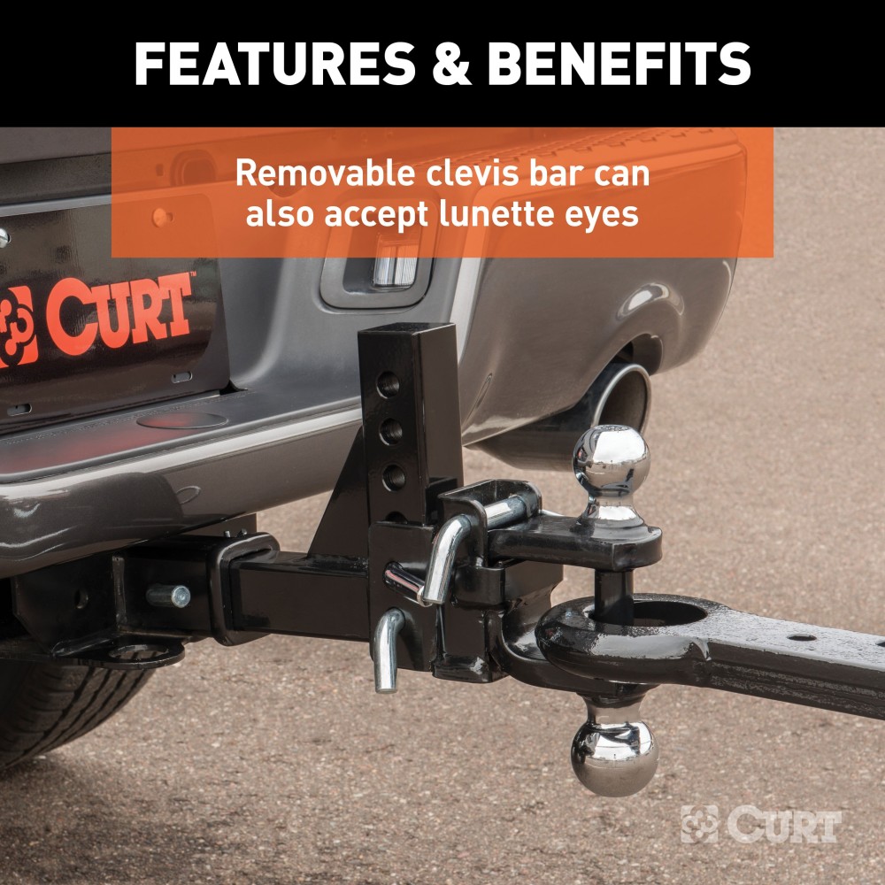 CURT Adjustable Ball Mount with Dual Ball for Trailer Towing CURT adjustable ball mount featuring dual ball sizes and adjustable shank for versatile trailer towing.