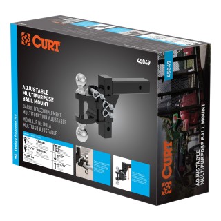 CURT Adjustable Ball Mount with Dual Ball for Trailer Towing CURT adjustable ball mount featuring dual ball sizes and adjustable shank for versatile trailer towing.