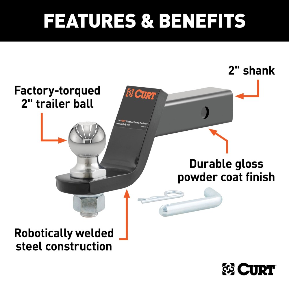 CURT Loaded Ball Mount with Factory-Torqued Trailer Ball CURT loaded ball mount with 2 inch trailer ball, black finish, and hitch pin