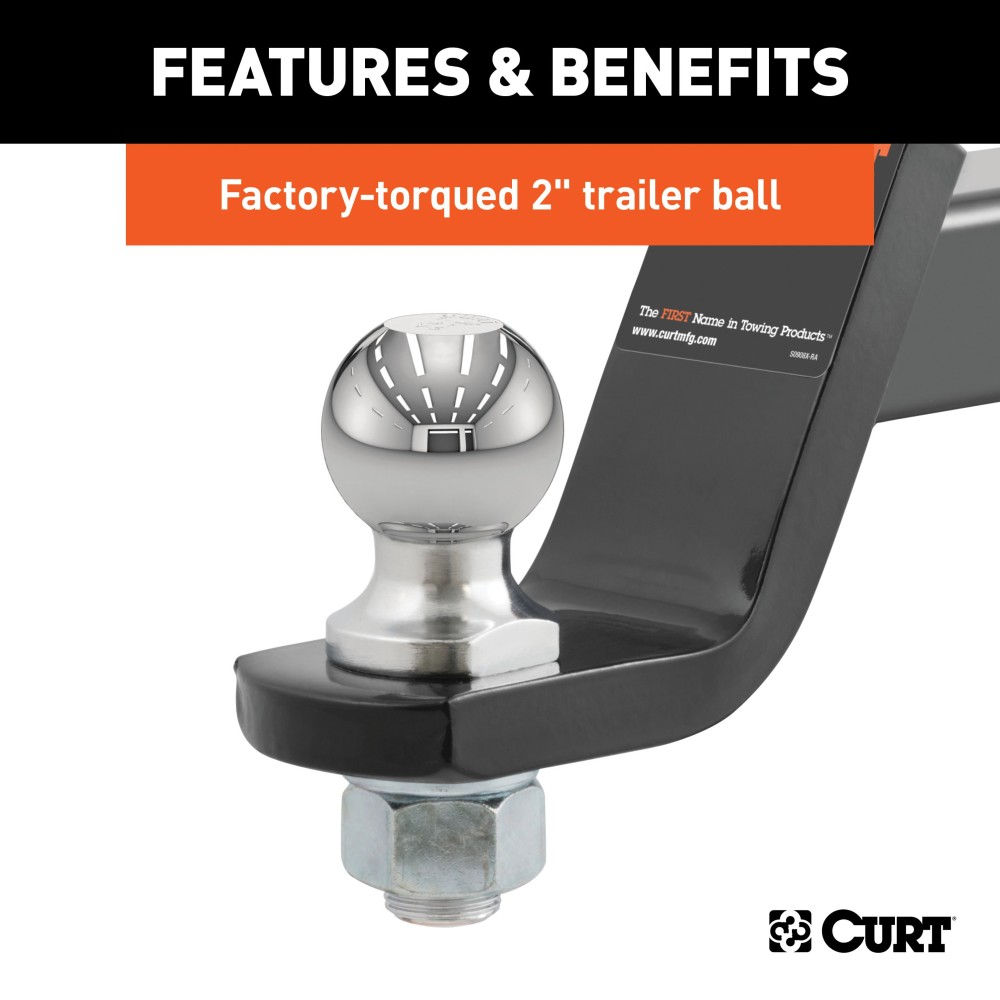 CURT Loaded Ball Mount with Factory-Torqued Trailer Ball CURT loaded ball mount with 2 inch trailer ball, black finish, and hitch pin