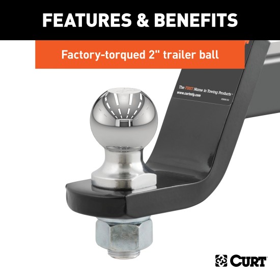 CURT Loaded Ball Mount with Factory-Torqued Trailer Ball CURT loaded ball mount with 2 inch trailer ball, black finish, and hitch pin