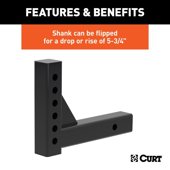 CURT Adjustable Ball Mount Shank with 10,000 lbs Capacity Adjustable ball mount shank for CURT trailer hitches, fits 2 inch receiver, 10,000 lbs capacity.