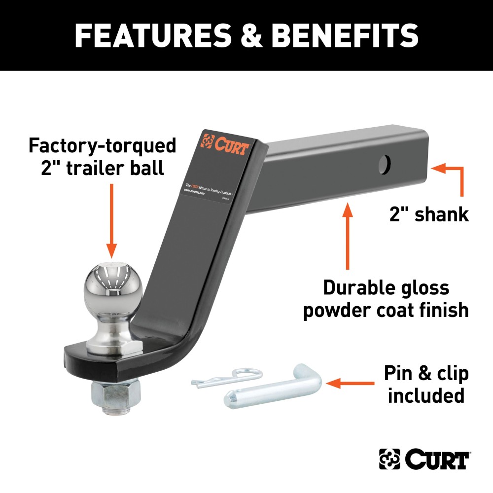 CURT Loaded Ball Mount with Factory-Torqued 2 Inch Trailer Ball CURT loaded ball mount with 2 inch trailer ball, fits 2x2 inch hitch, rated for 7500 lbs GTW, 750 lbs TW, includes pin and clip