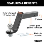 CURT Loaded Ball Mount with Factory-Torqued 2 Inch Trailer Ball CURT loaded ball mount with 2 inch trailer ball, fits 2x2 inch hitch, rated for 7500 lbs GTW, 750 lbs TW, includes pin and clip