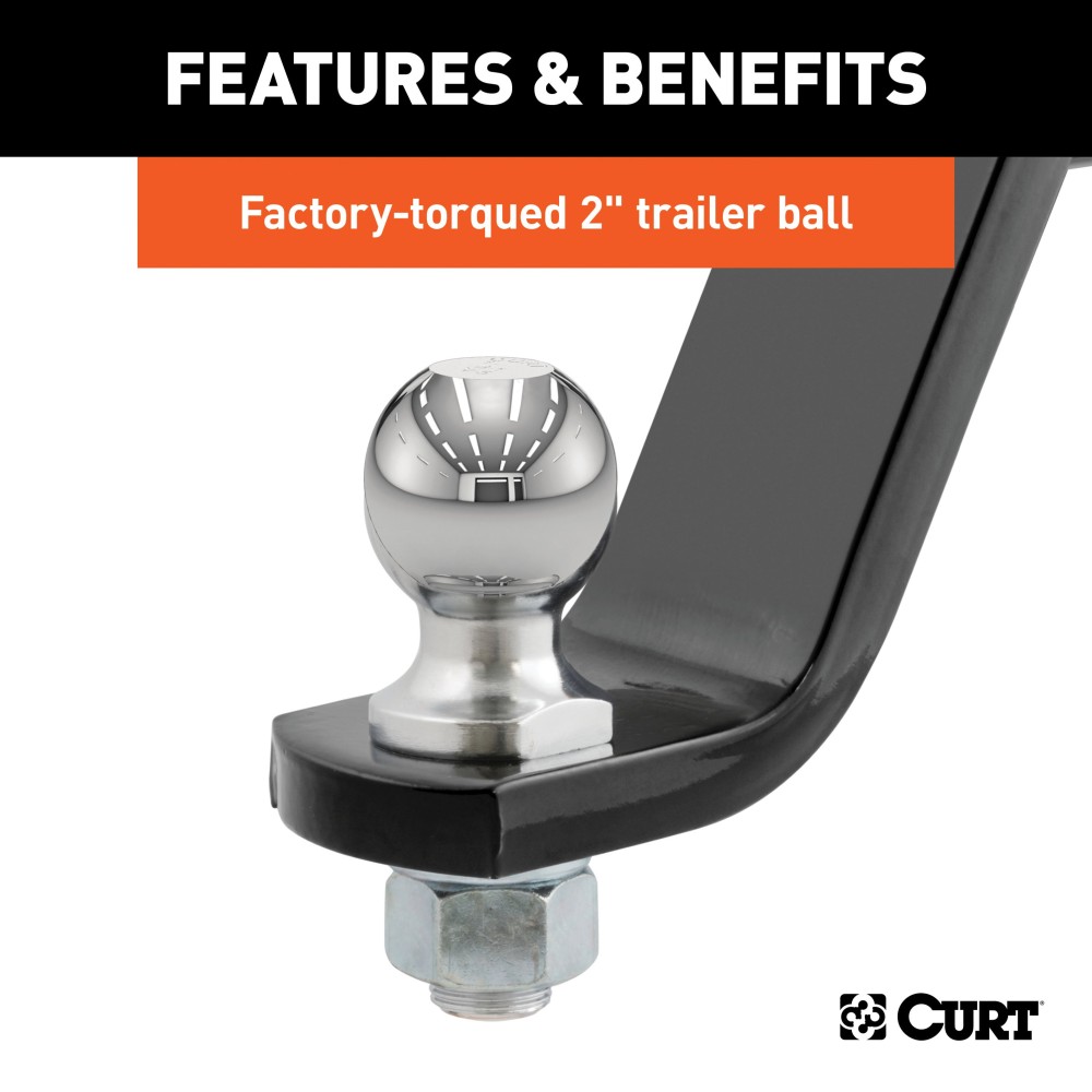CURT Loaded Ball Mount with Factory-Torqued 2 Inch Trailer Ball CURT loaded ball mount with 2 inch trailer ball, fits 2x2 inch hitch, rated for 7500 lbs GTW, 750 lbs TW, includes pin and clip