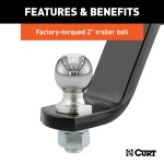 CURT Loaded Ball Mount with Factory-Torqued 2 Inch Trailer Ball CURT loaded ball mount with 2 inch trailer ball, fits 2x2 inch hitch, rated for 7500 lbs GTW, 750 lbs TW, includes pin and clip