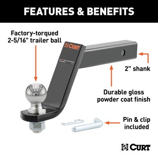 CURT Loaded Ball Mount with 2-5/16 Inch Trailer Ball and Clip CURT loaded ball mount featuring a 2-5/16 inch trailer ball with pin and clip