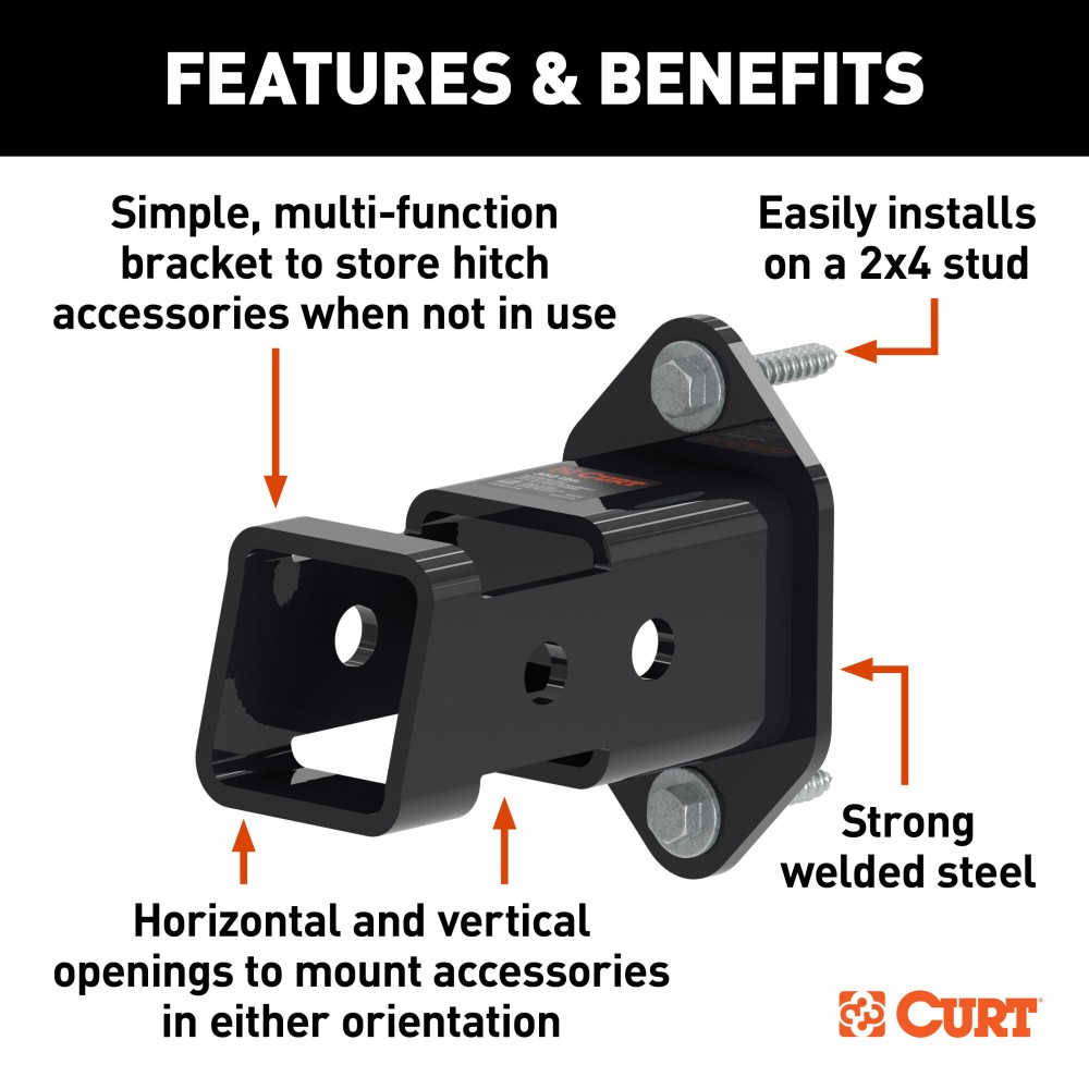 CURT hitch accessory wall mount for secure storage of towing tools