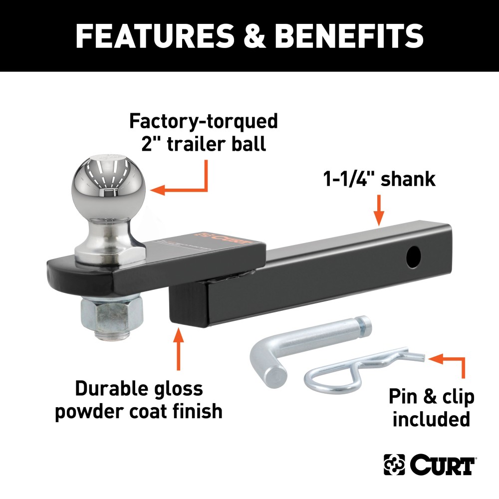 CURT Class 2 Towing Starter Kit - Ball Mount and Hitch Pin CURT towing starter kit with class 2 ball mount and hitch pin for secure and easy trailer hitch setup.