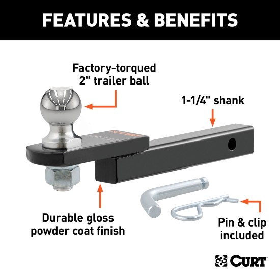 CURT Class 2 Towing Starter Kit - Ball Mount and Hitch Pin CURT towing starter kit with class 2 ball mount and hitch pin for secure and easy trailer hitch setup.
