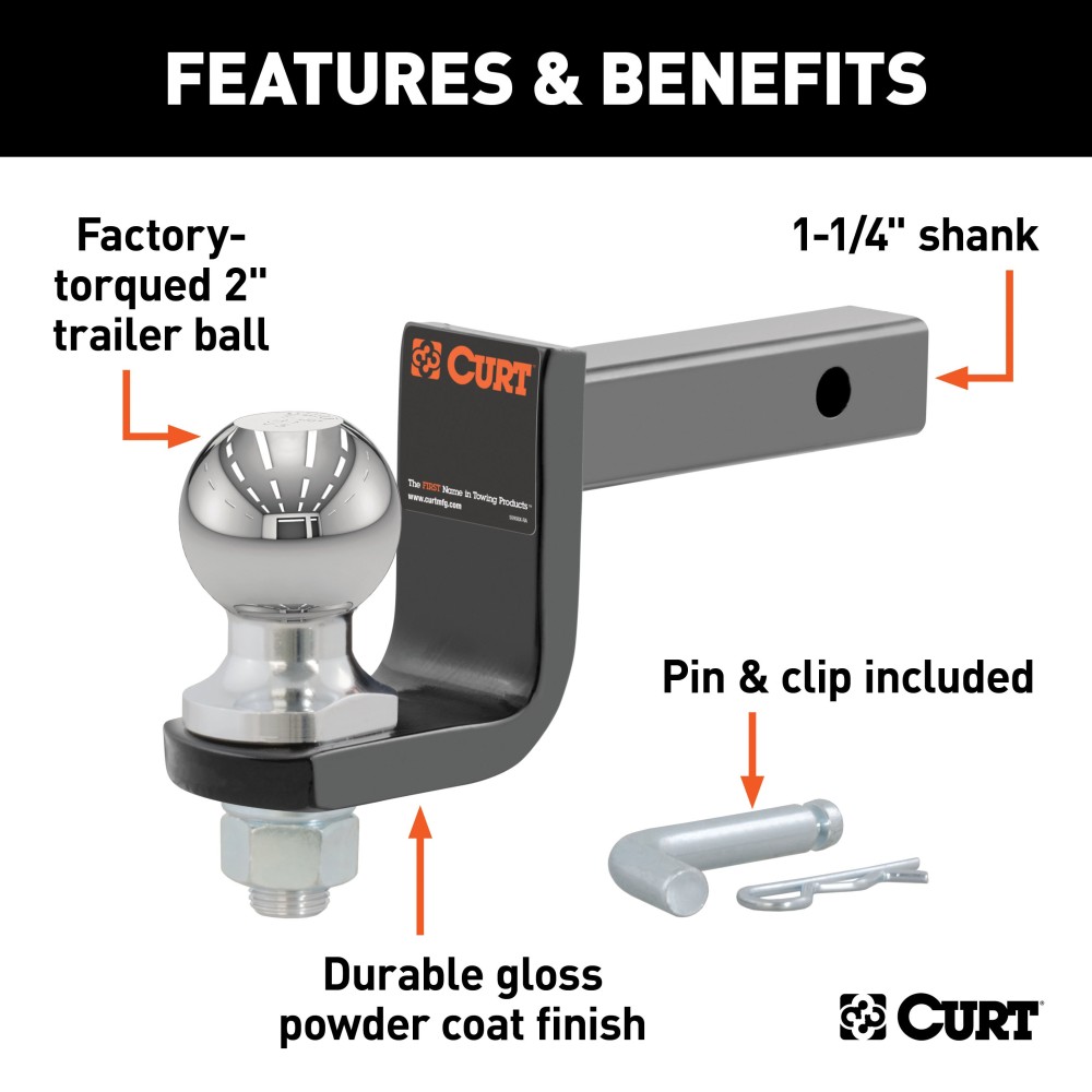 CURT Towing Starter Kit with Class 2 Ball Mount and Hitch Pin CURT towing starter kit including class 2 ball mount, hitch pin, and chrome-plated trailer ball for 1-1/4 inch hitch receivers.