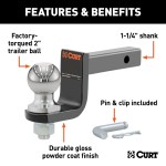 CURT Towing Starter Kit with Class 2 Ball Mount and Hitch Pin CURT towing starter kit including class 2 ball mount, hitch pin, and chrome-plated trailer ball for 1-1/4 inch hitch receivers.