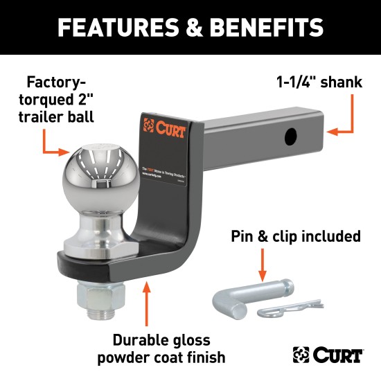 CURT Towing Starter Kit with Class 2 Ball Mount and Hitch Pin CURT towing starter kit including class 2 ball mount, hitch pin, and chrome-plated trailer ball for 1-1/4 inch hitch receivers.