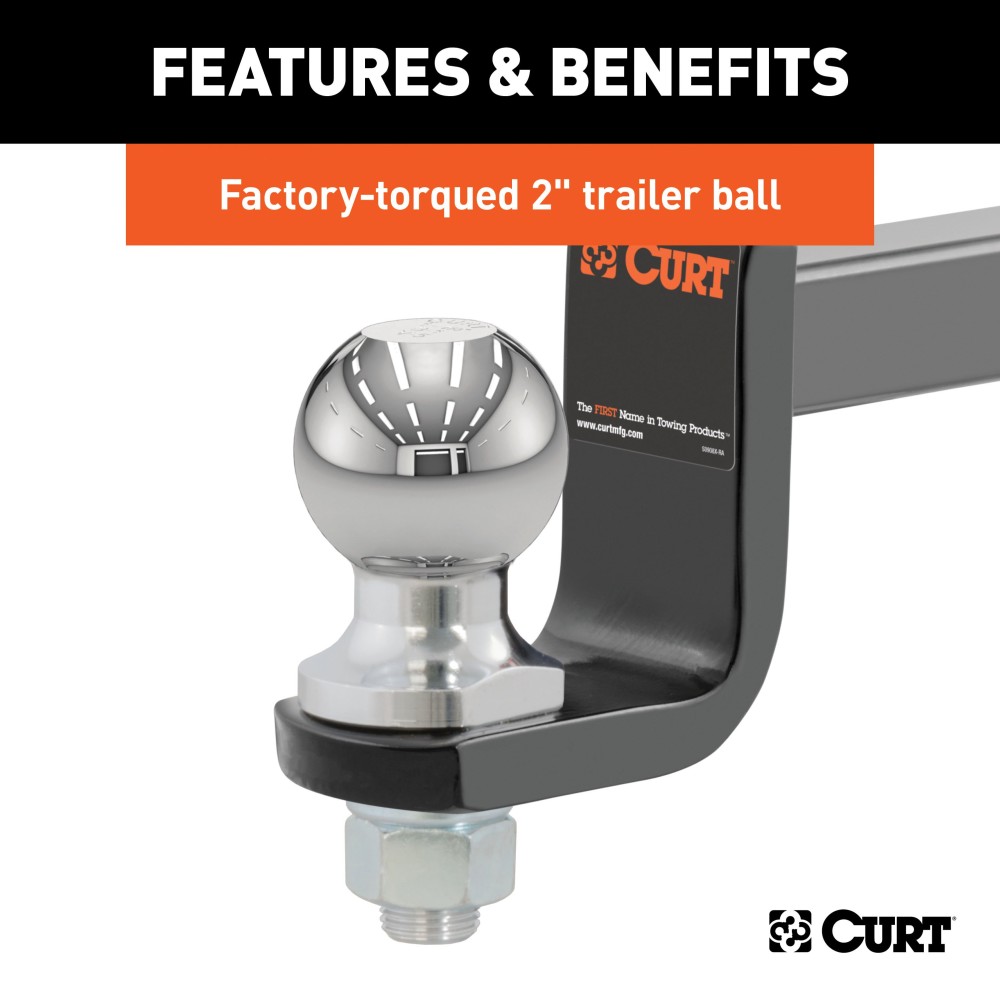 CURT Towing Starter Kit with Class 2 Ball Mount and Hitch Pin CURT towing starter kit including class 2 ball mount, hitch pin, and chrome-plated trailer ball for 1-1/4 inch hitch receivers.