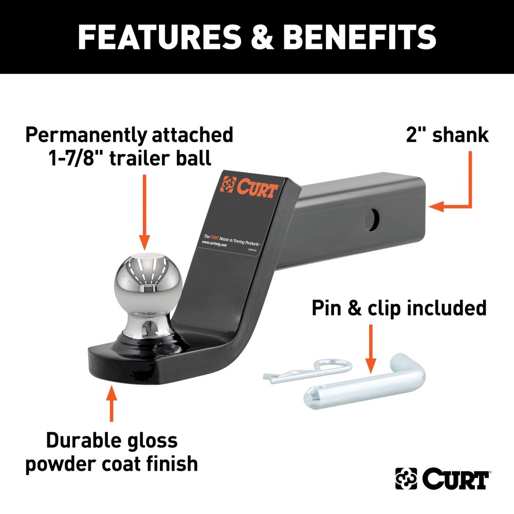 CURT Fusion Ball Mount with Fixed Trailer Ball for 2-Inch Hitch CURT Fusion ball mount with permanently attached 1-7/8 inch trailer ball for towing.