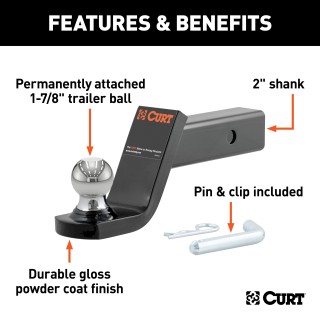CURT Fusion Ball Mount with Fixed Trailer Ball for 2-Inch Hitch CURT Fusion ball mount with permanently attached 1-7/8 inch trailer ball for towing.
