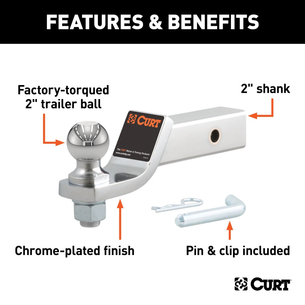 CURT Loaded Ball Mount with 2 Inch Ball and Chrome Finish CURT loaded ball mount with pre-fitted trailer ball, 7,500 lbs capacity, chrome-plated finish and 2 inch ball.