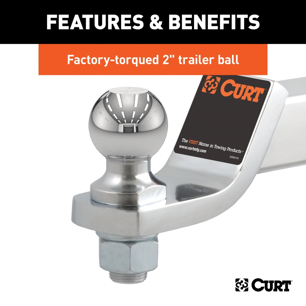 CURT Loaded Ball Mount with 2 Inch Ball and Chrome Finish CURT loaded ball mount with pre-fitted trailer ball, 7,500 lbs capacity, chrome-plated finish and 2 inch ball.