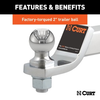CURT Loaded Ball Mount with 2 Inch Ball and Chrome Finish CURT loaded ball mount with pre-fitted trailer ball, 7,500 lbs capacity, chrome-plated finish and 2 inch ball.