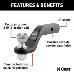 CURT loaded ball mount with factory-torqued 2-5/16 inch trailer ball, fits 2 inch hitch receiver