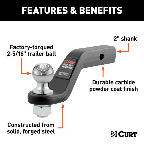 CURT Forged Loaded Ball Mount with 2-5/16 Inch Trailer Ball CURT loaded ball mount with factory-torqued 2-5/16 inch trailer ball, fits 2 inch hitch receiver