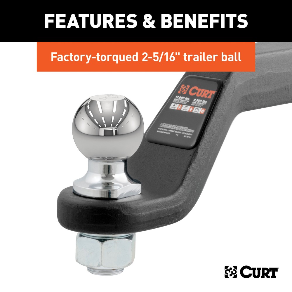 CURT loaded ball mount with factory-torqued 2-5/16 inch trailer ball, fits 2 inch hitch receiver