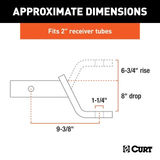 CURT Heavy-Duty Ball Mount for 2 Inch Hitch, 10,000 lbs GTW CURT heavy-duty ball mount, suitable for 2 inch hitch and large trailers, 8 inch drop option.