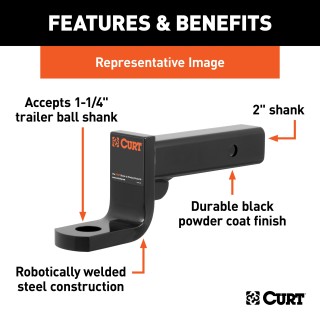 CURT Heavy-Duty Ball Mount for 2 Inch Hitch, 10,000 lbs GTW CURT heavy-duty ball mount, suitable for 2 inch hitch and large trailers, 8 inch drop option.
