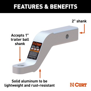CURT Class 3 Aluminum Trailer Hitch Ball Mount 8K Capacity Trailer hitch ball mount with 2x2 inch shank and 8K towing capacity, shown in a drop position.