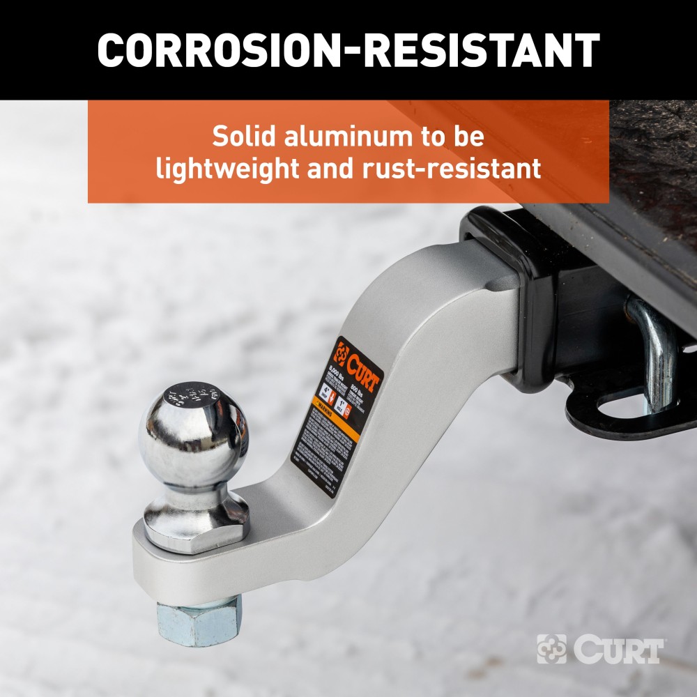 CURT Class 3 Aluminum Trailer Hitch Ball Mount 8K Capacity Trailer hitch ball mount with 2x2 inch shank and 8K towing capacity, shown in a drop position.